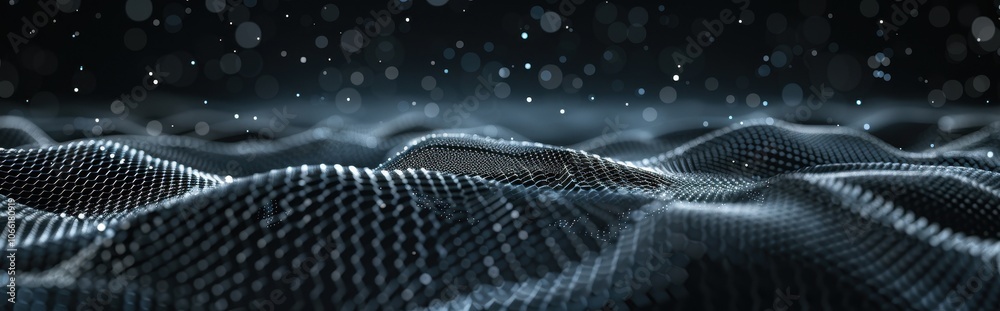 Poster Abstract Wavy Grid Pattern with Glowing Particles