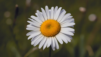 Fototapeta premium Beautiful close-up of a white daisy with a vibrant yellow center, set against a blurred green background. Perfect for nature enthusiasts and floral photography lovers.