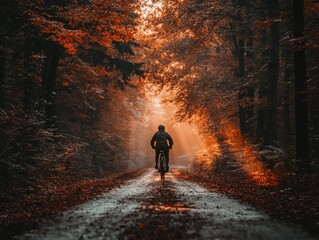 Fototapeta premium Soft focus shot of a person riding a bicycle down a treelined street, blurred trees in the background, creating a peaceful and dreamy vibe