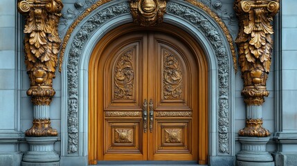 Obraz premium Luxury wooden door with a grand arch, golden details, and intricate carvings.