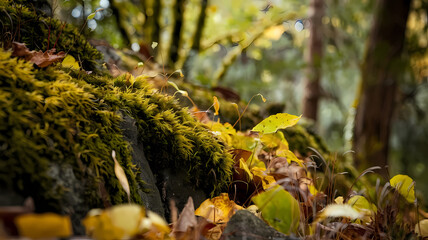 Fototapeta premium Vibrant autumn leaves resting on a moss-covered rock in a serene forest, capturing the beauty of nature during the fall season with soft, diffused lighting.