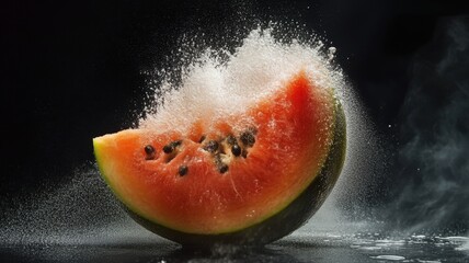 A slice of watermelon explodes in a cloud of white powder against a black background.