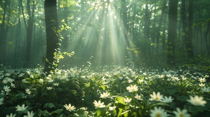 Fototapeta premium Sunbeams Illuminating a Field of White Flowers in a Lush Green Forest