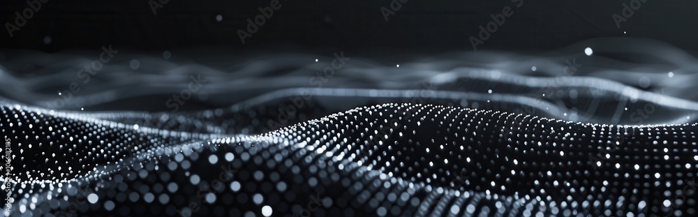 Poster abstract black and white wavy pattern with glowing dots