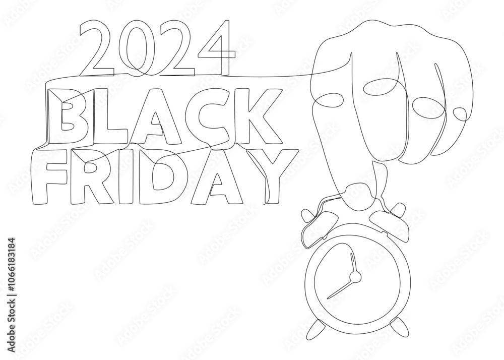 Poster one continuous line of alarm clock with black friday 2024 text. thin line illustration vector concep