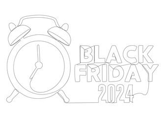 One continuous line of alarm clock with Black Friday 2024 text. Thin Line Illustration vector concept. Contour Drawing Creative ideas.