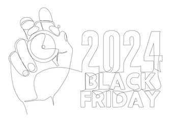 One continuous line of alarm clock with Black Friday 2024 text. Thin Line Illustration vector concept. Contour Drawing Creative ideas.