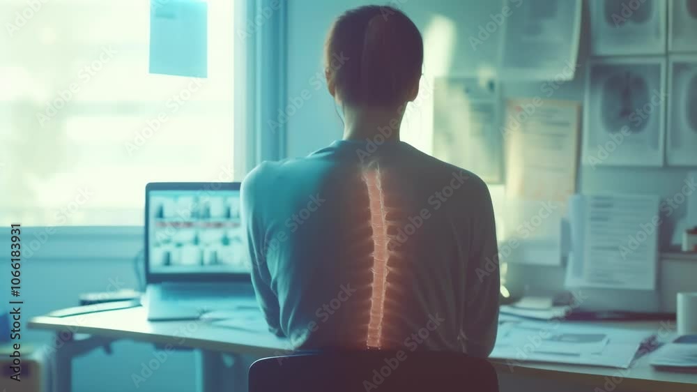 Aufkleber doctor sitting at desk with highlighted spine and nervous system experiencing back pain while workin