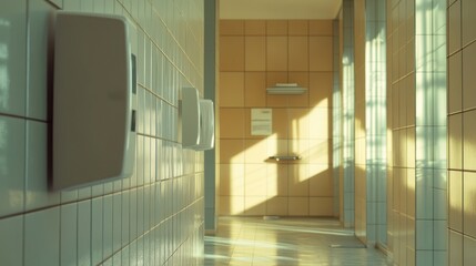 A clean bathroom features a wall-mounted automatic air freshener for added freshness