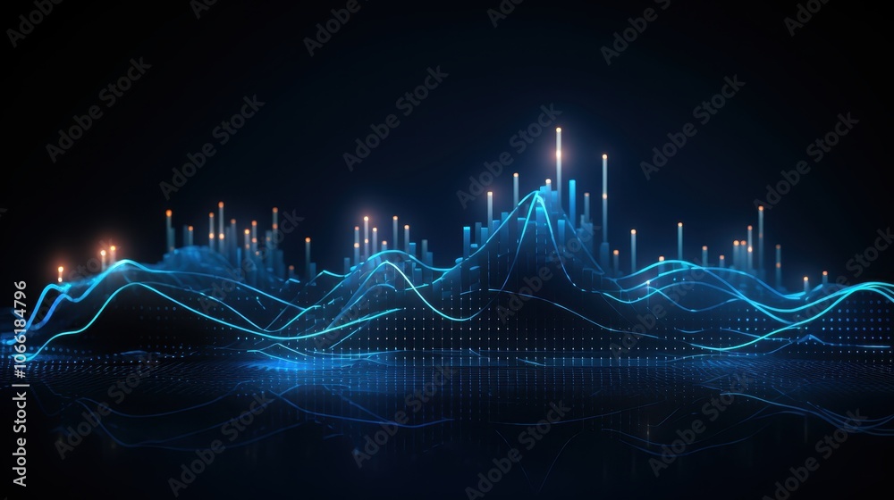 Poster abstract digital landscape with glowing lines and bars