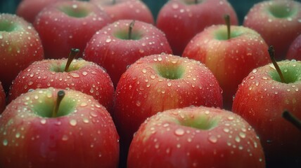 Close-up of red apples covered in water droplets.