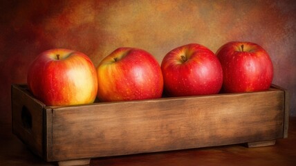 Four red apples in a wooden crate against a textured background.