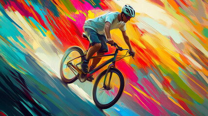 Fototapeta premium A cyclist rides energetically through a vibrant, abstract landscape of colors and motion