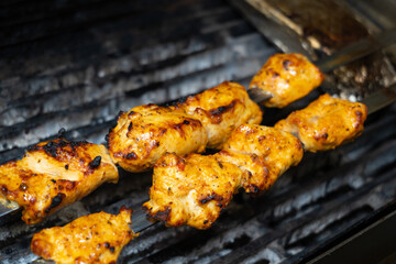 A close-up of a perfectly grilled chicken kebab on a skewer, featuring tender, juicy pieces of marinated chicken that are grilled to golden perfection. 