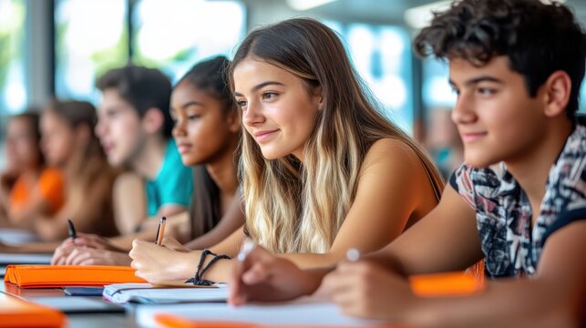 Group of diverse students engaged in classroom learning, focused and attentive.