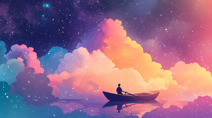 A man rows a boat through a colorful beautiful cloud in outer space, illustration digital generative ai design art style. Dreamscape. Illustration