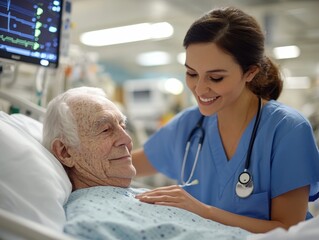 Obraz premium Nurse giving care to elderly patient in hospital room.