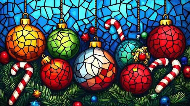 Stained Glass Christmas Baubles and Candy Canes. Generative AI.