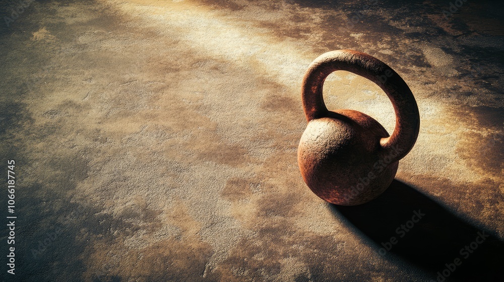 Poster heavy rusty kettlebell casting a shadow on a grunge floor in a dimly lit empty gym, creating a drama