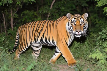 Obraz premium Tiger Stalking Prey in Dense Jungle Environment