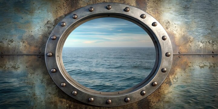 A glimpse of the boundless horizon through a weathered, riveted porthole reveals a vast expanse of shimmering blue water.