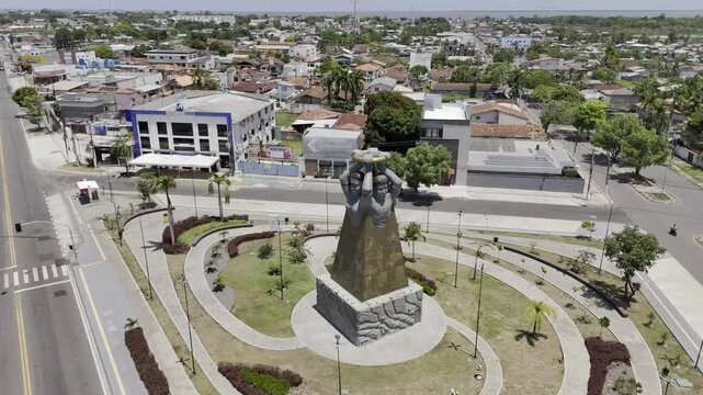 Drone orbits Pra&ccedil;a dos Povos do Meio do Mundo  in Macap&aacute;, Amap&aacute;, Brazil
