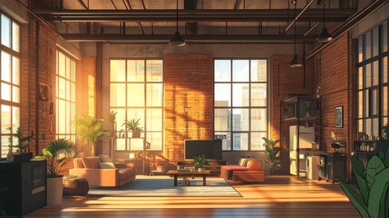 Fototapeta premium Modern Loft Apartment with Sunlight Streaming Through Windows