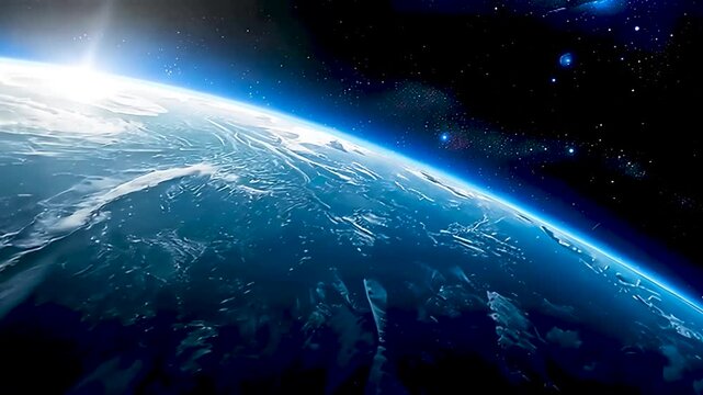 宇宙から見た青く光る地球の地平線