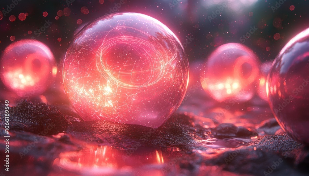 Aufkleber a single glowing orb rests on a dark surface with surrounding red orbs