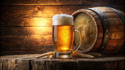 A Frothy Mug of Beer Resting Beside a Rustic Wooden Barrel on a Weathered Tabletop