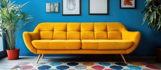 Yellow sofa in a modern living room with a blue wall and a colorful rug.