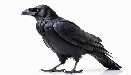 Fototapeta premium A Common Raven (Corvus corax) on clean white background. Suitable for marketing or business purposes. Panoramic banner with place for text