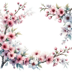 Obraz premium 흰 배경, 벚꽃 프레임, 테두리, 수채화 (White background, cherry blossoms frame, border, water colour)