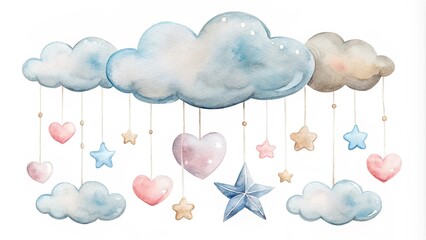 Obraz premium Watercolor illustration of a whimsical cloud mobile adorned with delicate stars and hearts, evoking a sense of childlike wonder and gentle dreams.