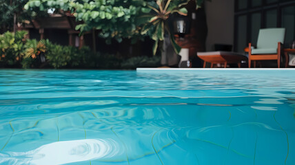 Serene poolside view featuring clear turquoise water and a modern lounge area surrounded by lush greenery, perfect for relaxation in a tranquil outdoor setting.