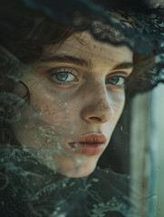 Fototapeta premium Woman in vintage setting expresses anemoia and nostalgia through captivating eyes