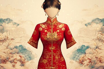 Fototapeta premium Elegant Red Cheongsam with Golden Accents Design
