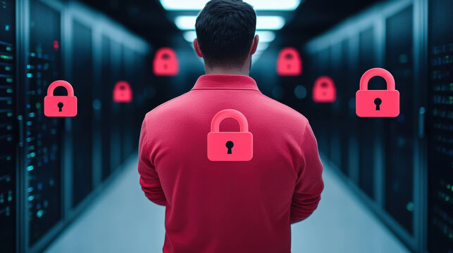 Secure server room with floating padlock icons representing network safety