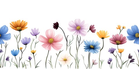 Watercolor painting of a colorful border of wildflowers.