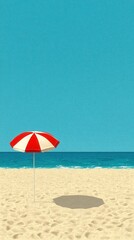 Red and White Beach Umbrella on Sandy Shore with Blue Sky and Ocean