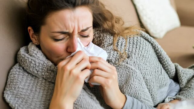 A young woman wrapped in a cozy blanket blows her nose, appearing unwell, illustrating a common cold or seasonal illness in a home setting.
