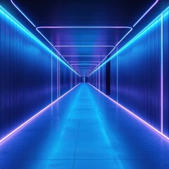 Fototapeta premium A blue and purple illuminated hallway with neon lights