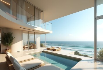 Fototapeta premium Minimalist Beachfront Haven: Serviced Apartments with Soaring Ceilings, Expansive Windows, Ocean Views, Luxe Spa - Serene Coastal Retreat