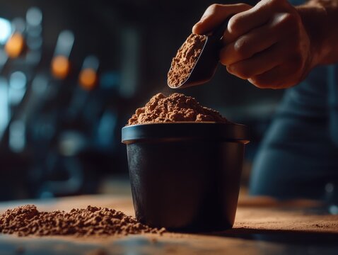 Hand scooping cocoa powder from a black container on a wooden surface.