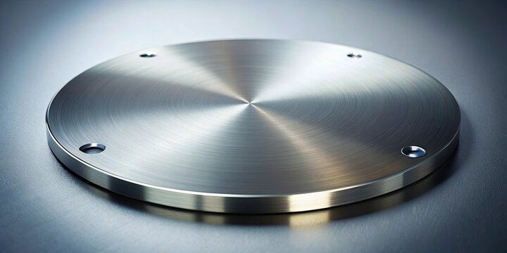 A circular, polished metal plate with a subtle radial brushed finish, featuring four evenly spaced, countersunk holes