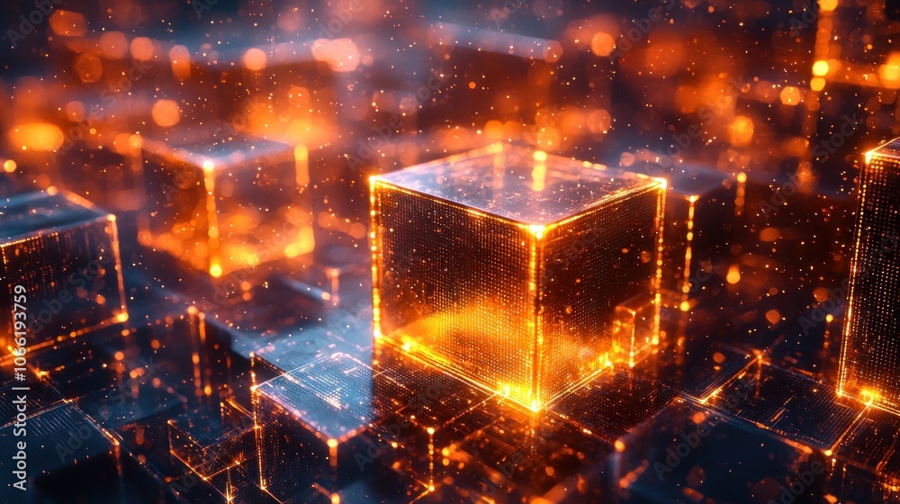 Poster Glowing Orange Cube with Sparkles in a Dark Abstract Background