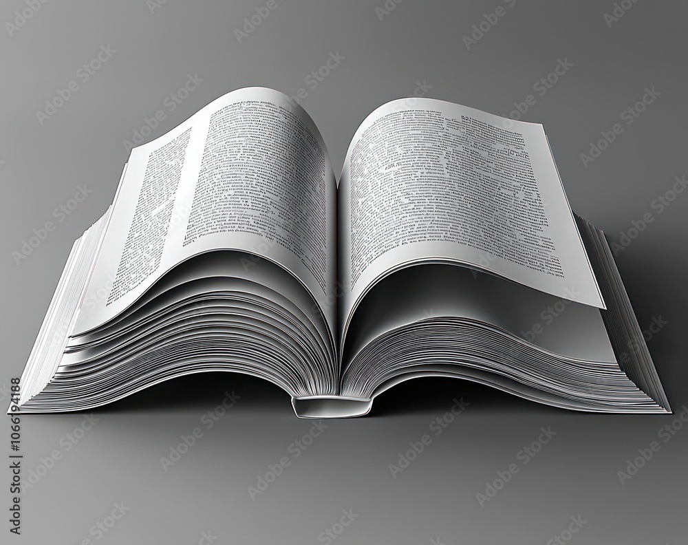Poster Open Book with Text-Filled Pages on Gray Background