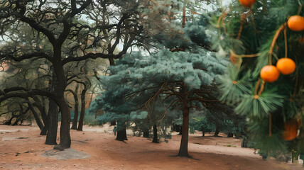 Fototapeta premium Scenic view of a forest featuring lush green trees and a sandy path, with festive orange ornaments hanging from a branch, creating a vibrant natural and seasonal atmosphere.