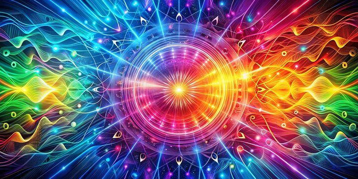 A vibrant abstract design showcasing a glowing orb surrounded by colorful, flowing lines and patterns.  The artwork exudes a sense of energy and dynamism.