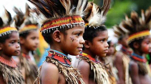 Young indigenous children dressed in colorful tribal attire and feathered headpieces, participating in a traditional cultural celebration or ceremony.